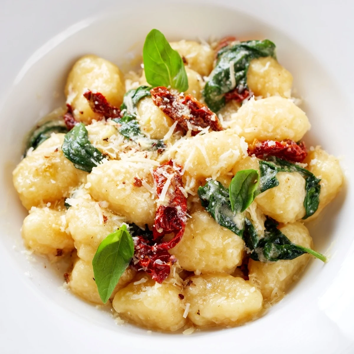 Steaming, creamy Tuscan Gnocchi with sun-dried tomatoes and spinach, ready for a delicious dinner.