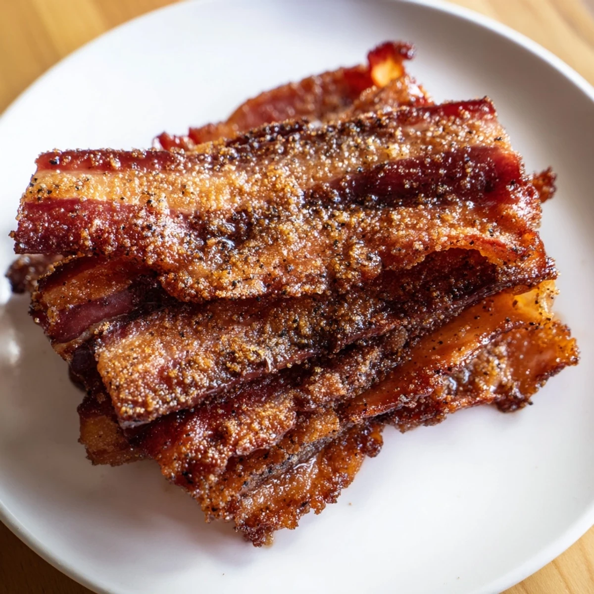 Close-up of baked Snoop Dogg Billionaire Bacon: thick, candied bacon sprinkled with spices, perfect for brunch.