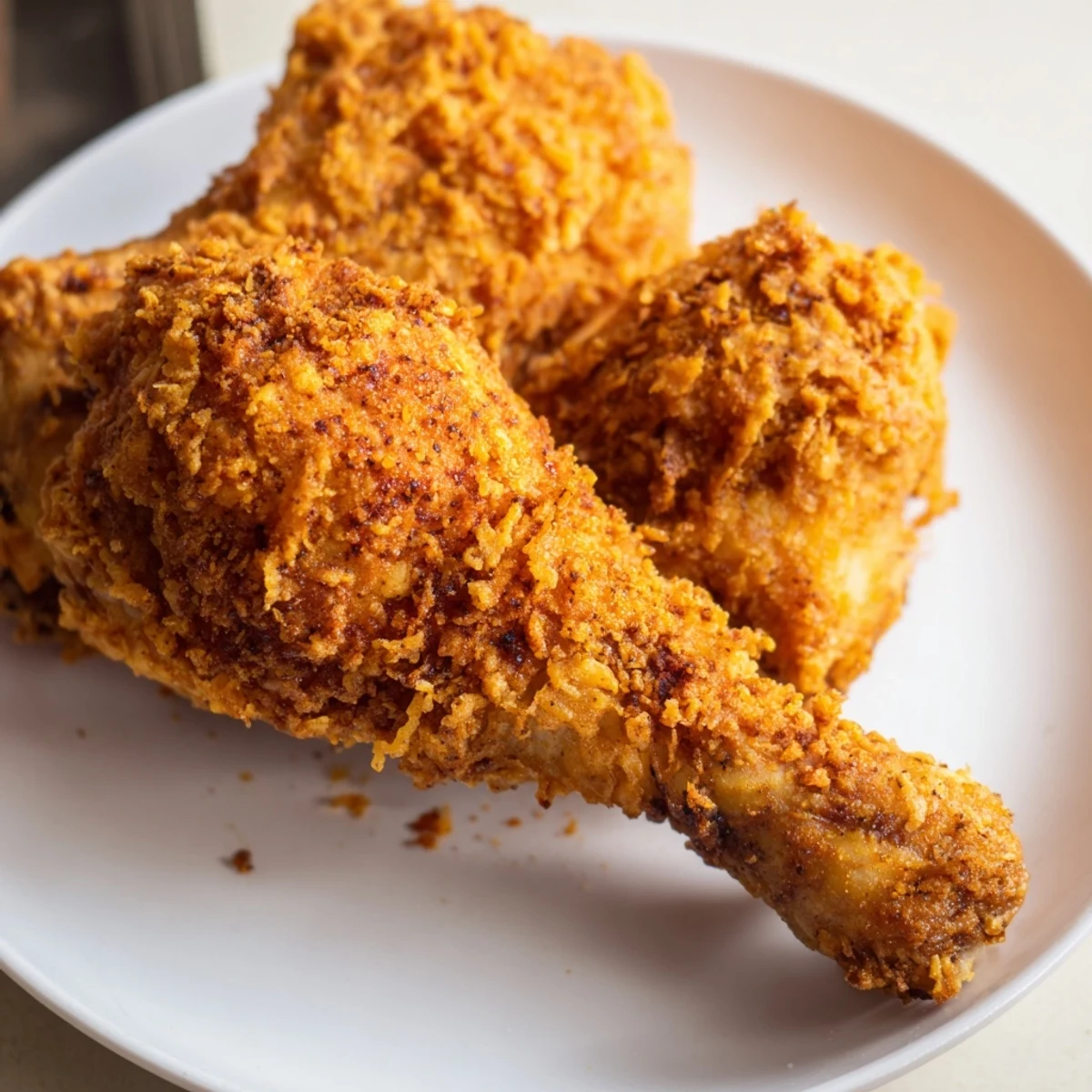 A close-up of perfectly fried KFC crispy chicken, ready to be served, a flavorful dinner.