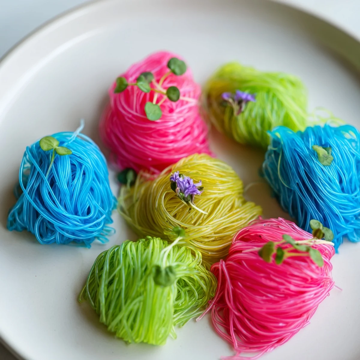 Vibrant Neon Noodle Clouds dance with colorful strands, served chilled with a savory dipping sauce.