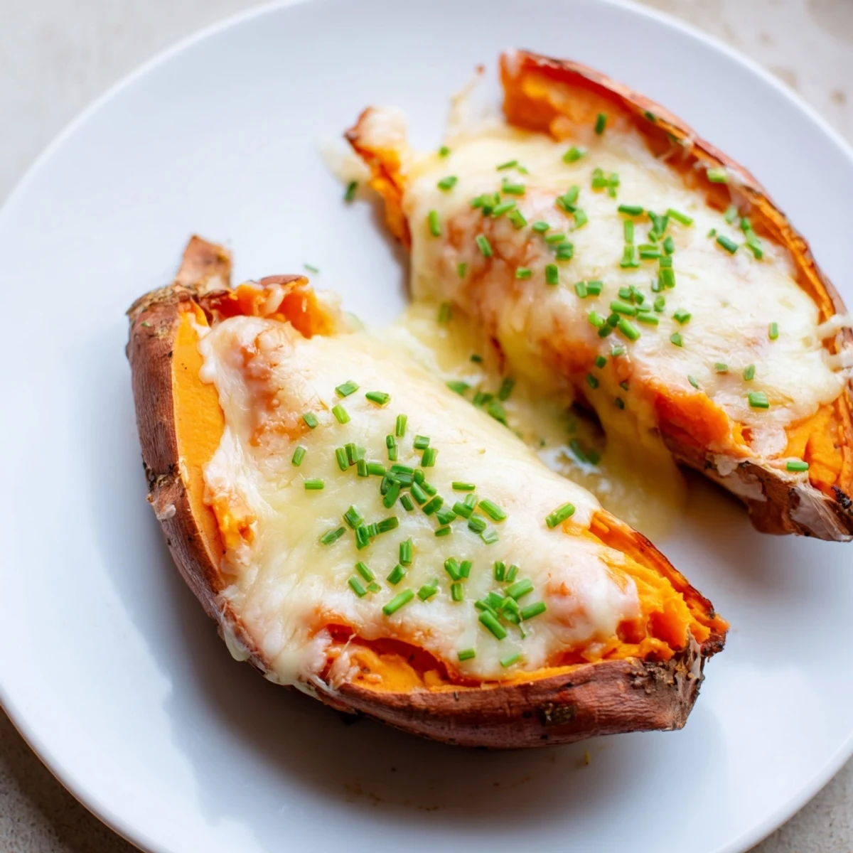 Close-up of a rustic Sweet Potato & Cheese Whole Roast, showcasing melted cheese and fluffy sweet potato filling.