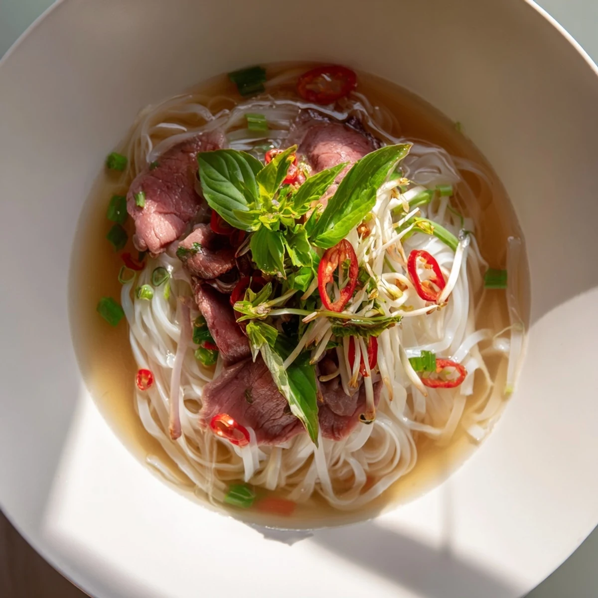 Enjoy a heartwarming bowl of Vietnamese Pho Express, savory broth coating perfectly cooked noodles.