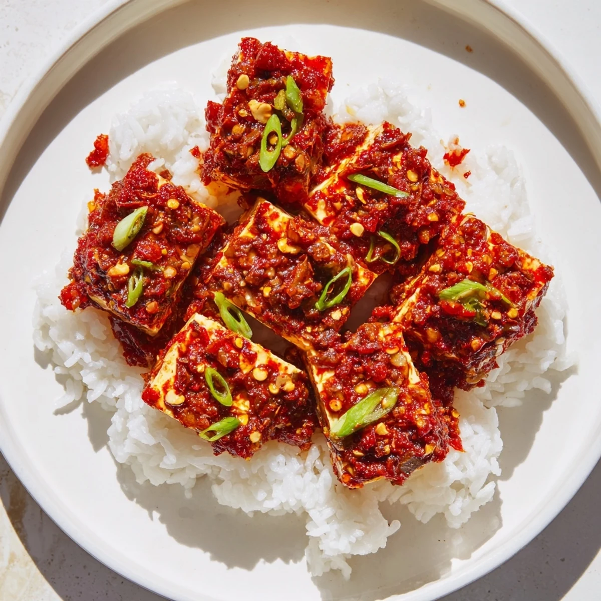 Freshly made Chinese Mapo Tofu, showcasing the rich chili sauce with hints of scallions and rice.