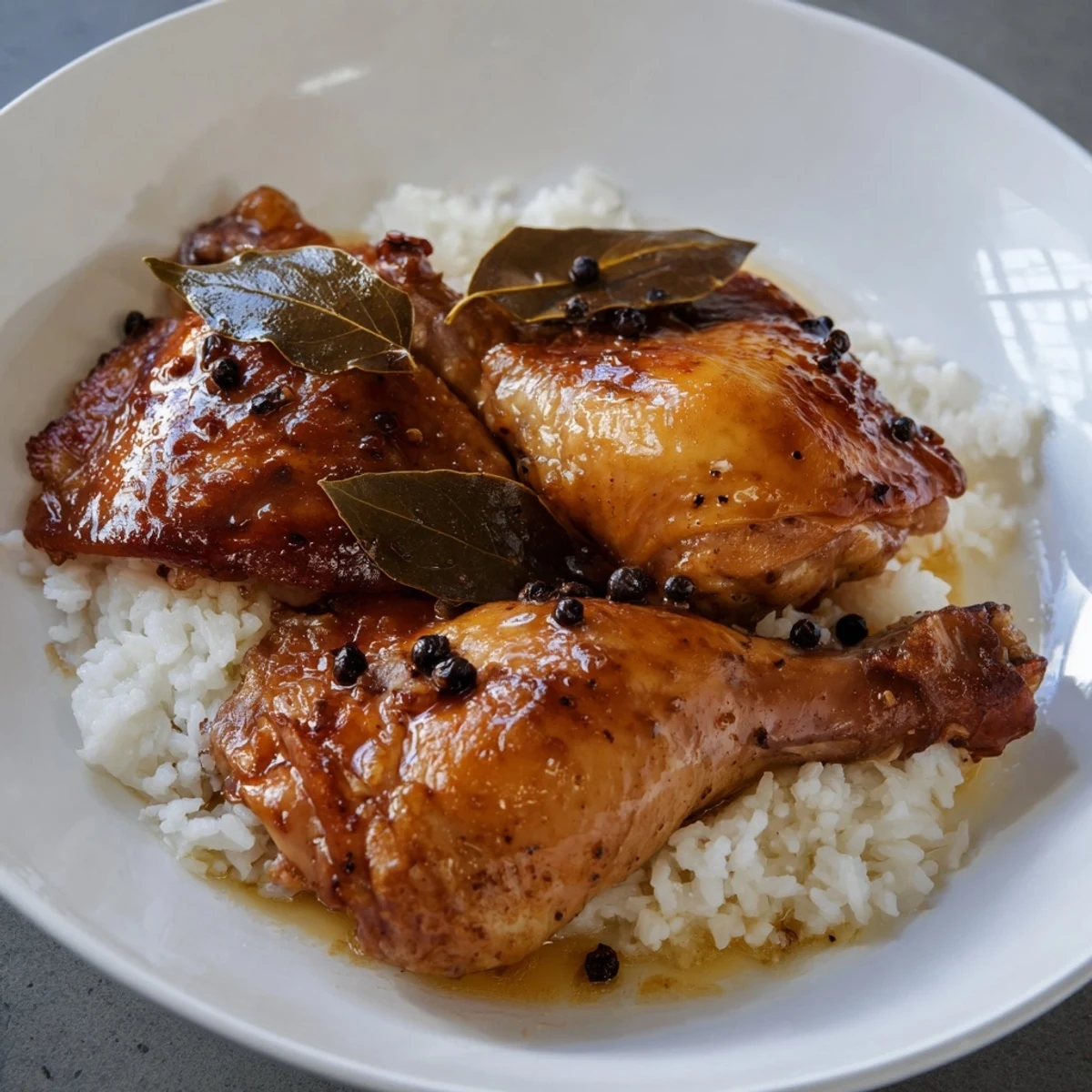 Close-up of bubbling Filipino Chicken Adobo, with garlic cloves and bay leaves, a flavorful, rich braise.