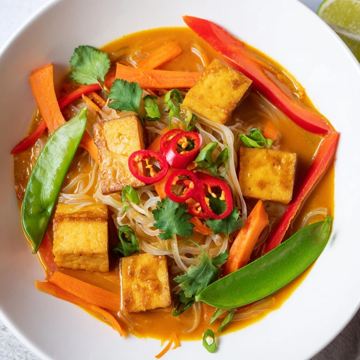 Tender pieces of tofu and snow peas float in this Malaysian Laksa Curry, a flavorful vegetarian main.
