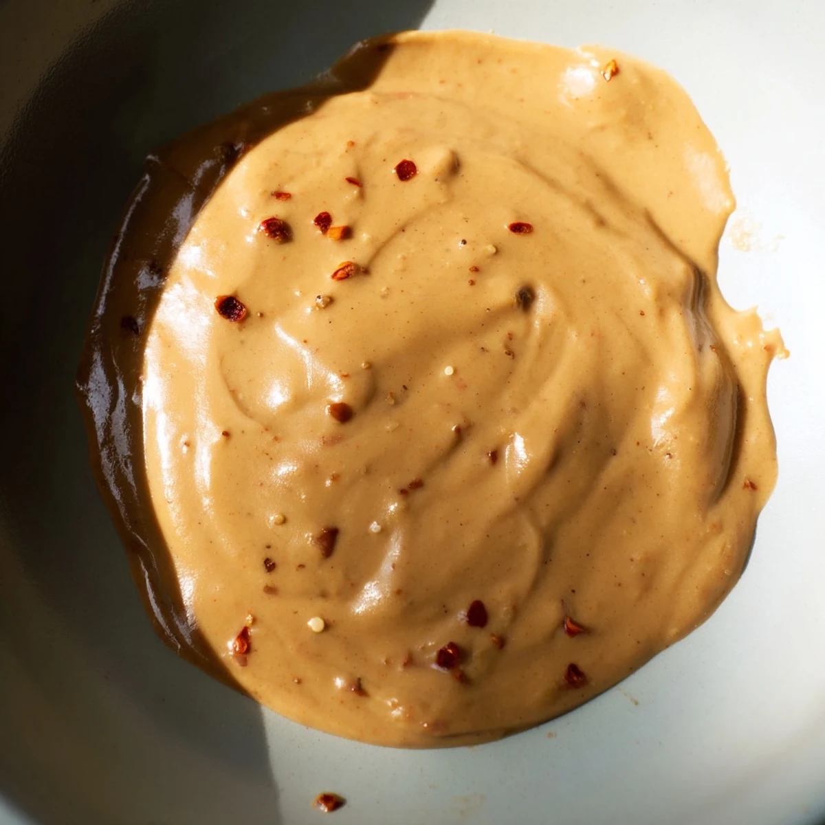 Vibrant photo of Indonesian satay sauce, showcasing its creamy texture alongside grilled chicken skewers.