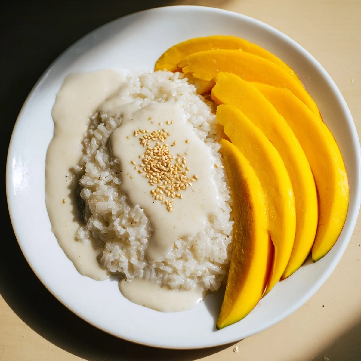 Fresh, juicy mango slices atop a bed of creamy Thai Mango Sticky Rice, ready to savor.