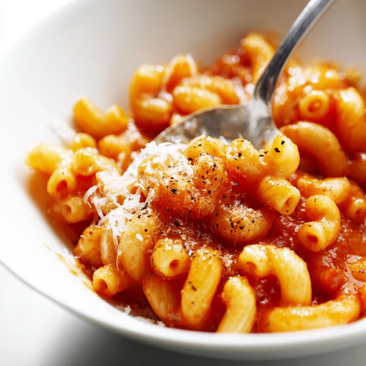 Vibrant photo of a single serving of Microwave Bowl Pasta, plated warmly with sauce.