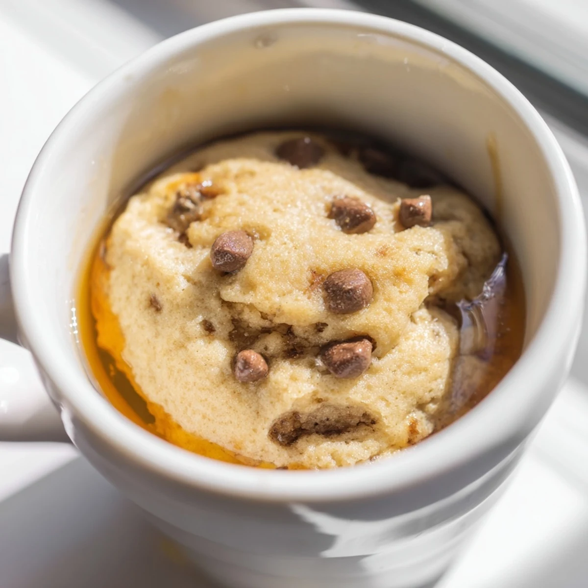 Warm, golden Microwave Mug Pancakes, perfectly cooked and waiting for sweet maple syrup.