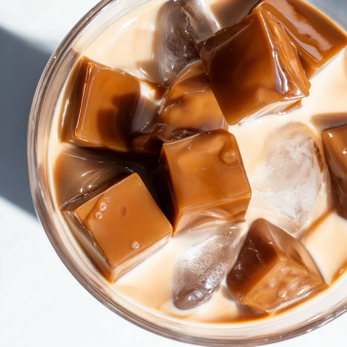 Refreshing Coffee Jelly Drink with creamy milk, ice, and dark coffee cubes.