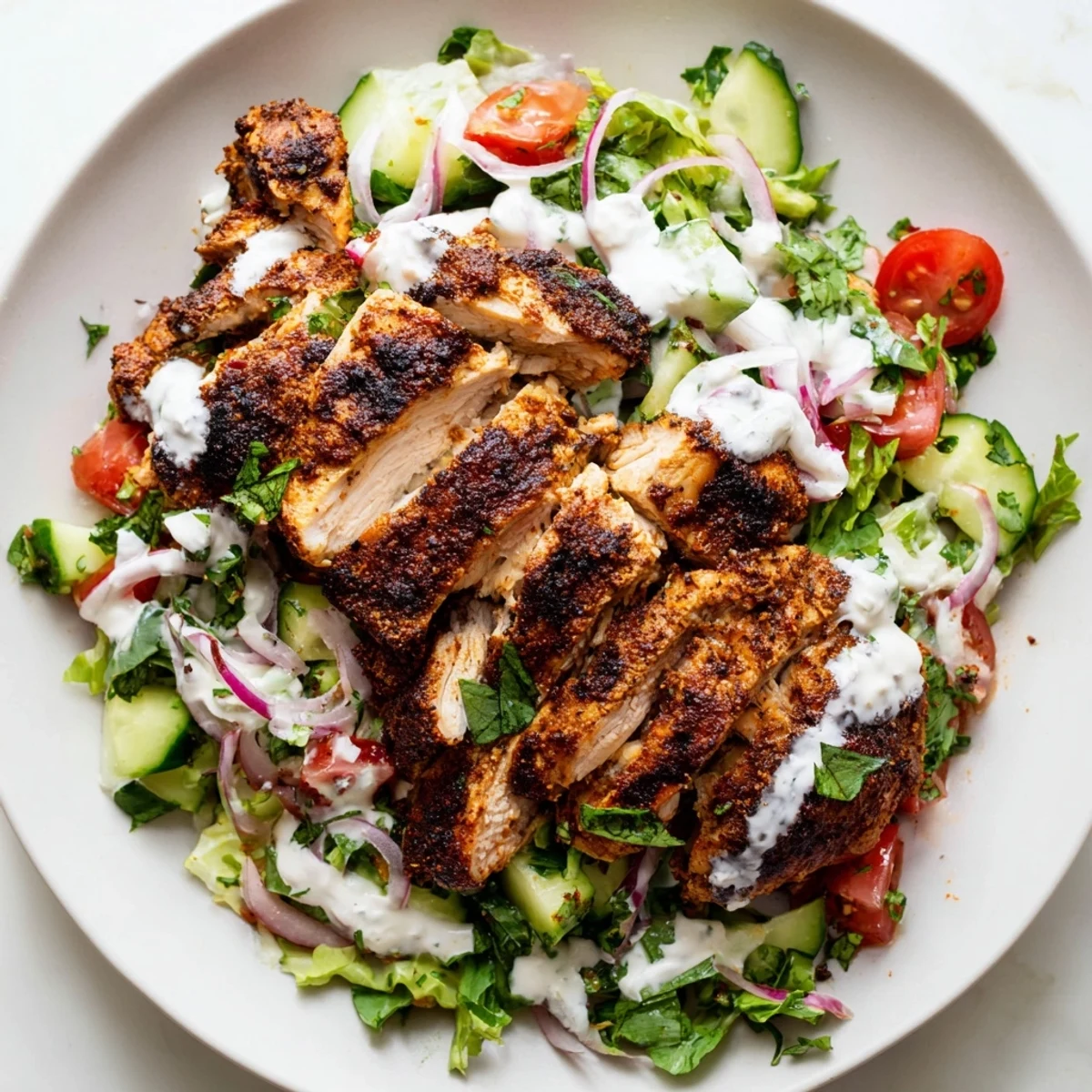 Juicy grilled chicken shawarma, seasoned with warm spices, sits atop crisp greens, cucumbers, tomatoes, and a creamy yogurt dressing.