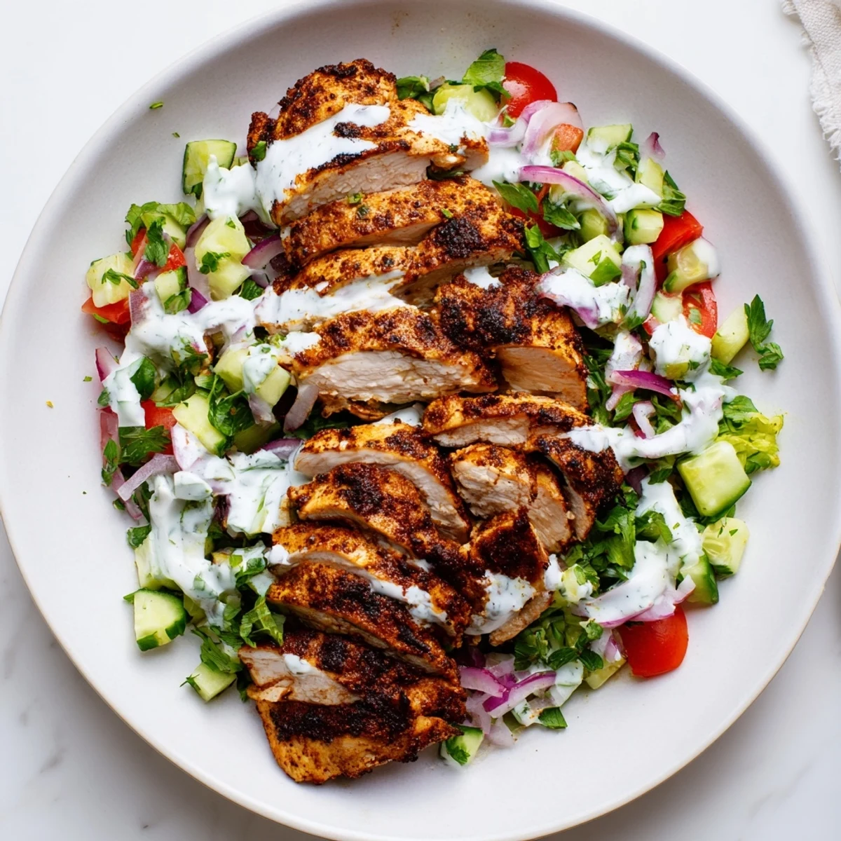Tender spiced chicken shawarma slices layered over mixed greens and diced veggies, finished with a refreshing Middle Eastern-inspired dressing.