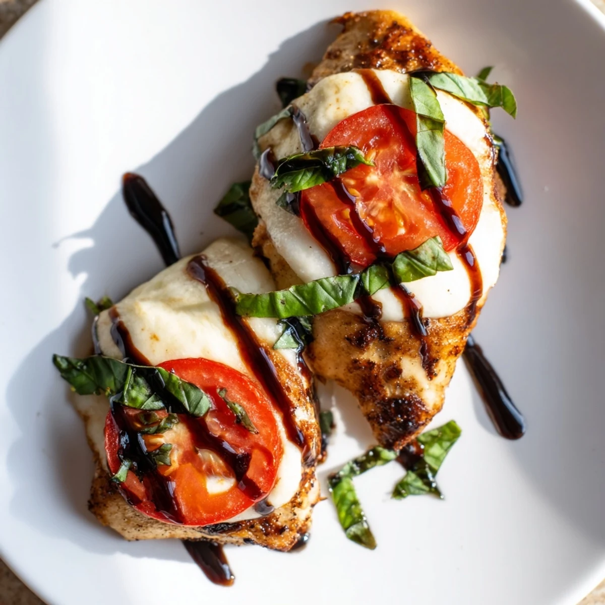 A close-up of Caprese Chicken Skillet with melted mozzarella and juicy tomatoes on golden-brown chicken, drizzled with balsamic glaze.