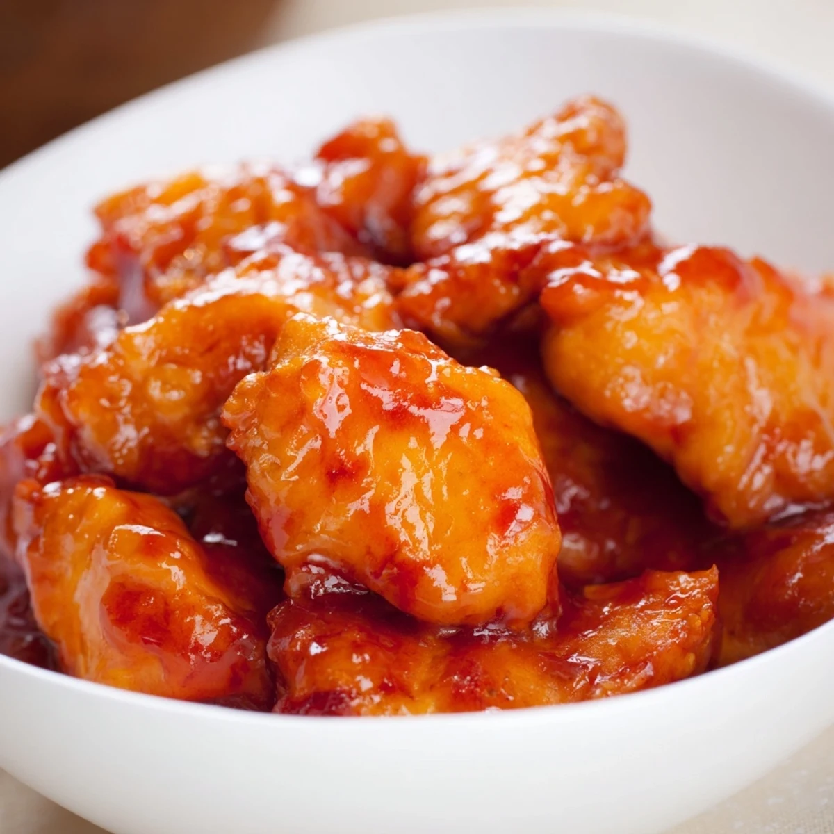 A serving of Sweet Chili Chicken Bowl with tender chicken, vibrant broccoli florets, and a sprinkle of green onions and sesame seeds.  