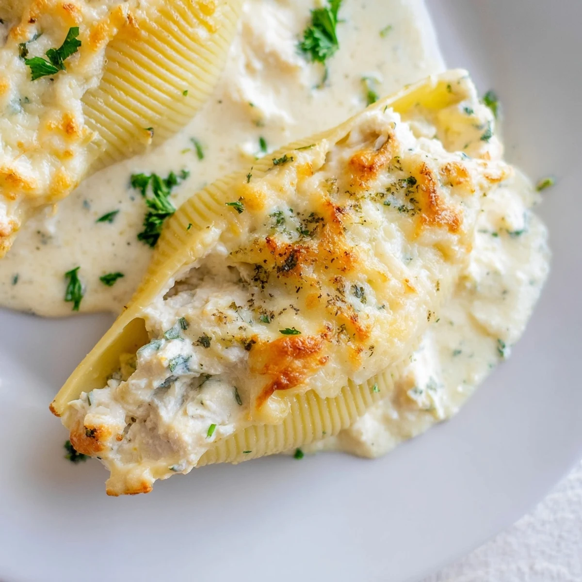 A close-up of Chicken Alfredo Stuffed Shells reveals creamy ricotta and tender chicken nestled in al dente shells.  