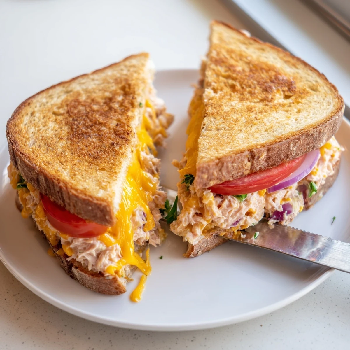 A hot Spicy Tuna Melt served with crisp dill pickles and a fresh green salad, perfect for an easy weeknight dinner.