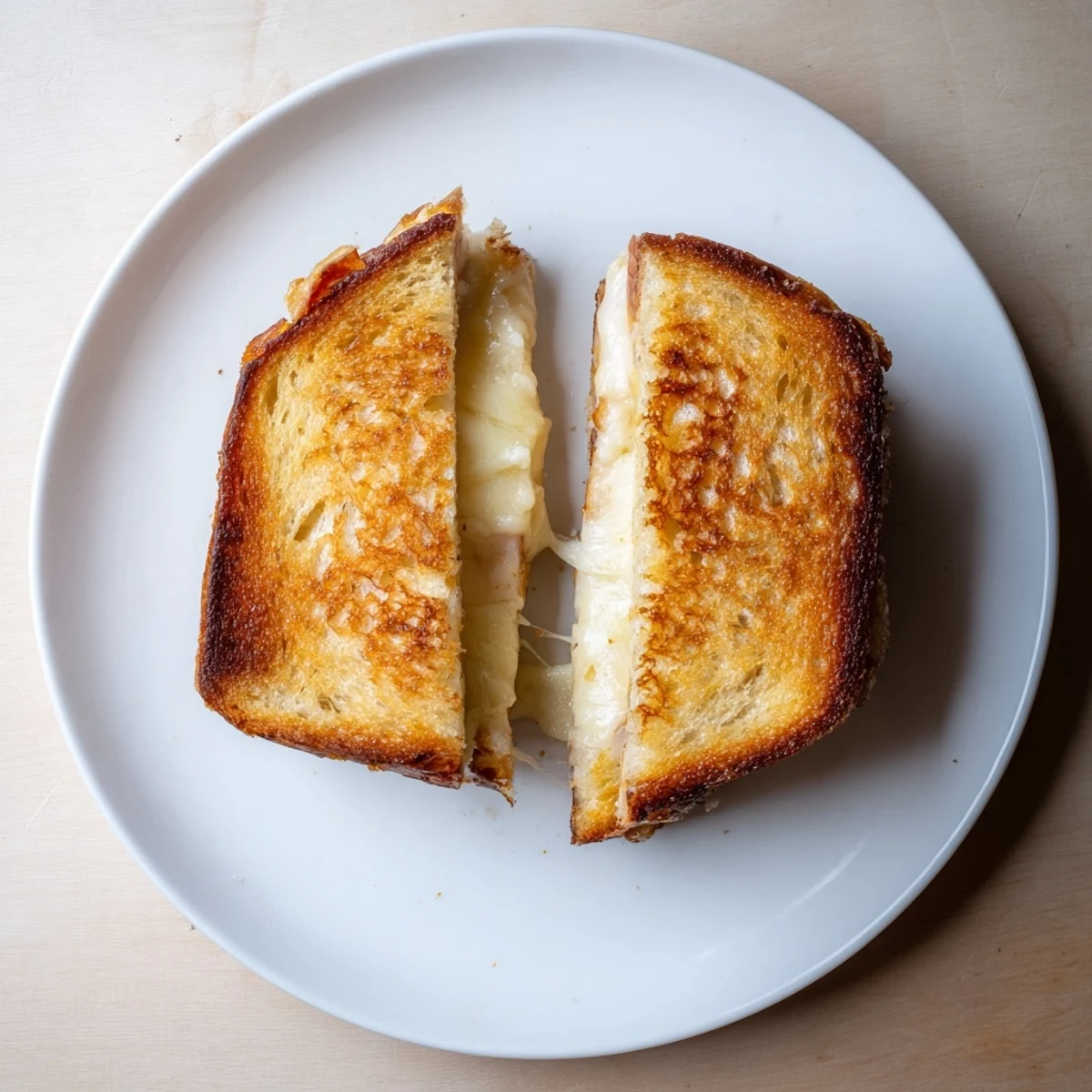 A close-up of a Three-Cheese Grilled Cheese, its gooey cheese pull and buttery crust served beside a bowl of tomato soup.  