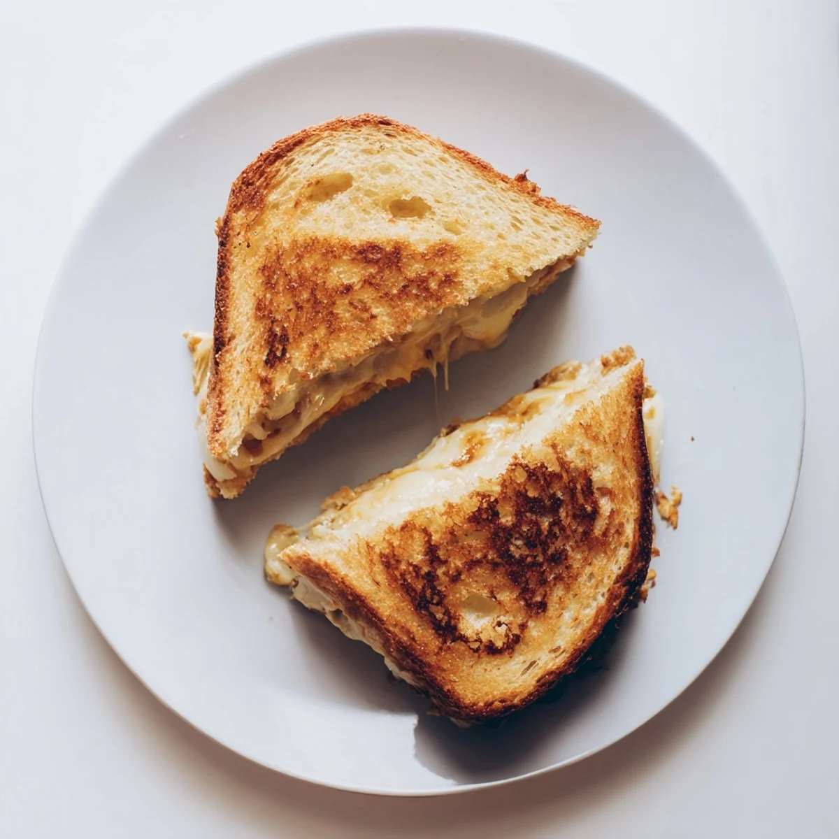 Freshly made Three-Cheese Grilled Cheese cut diagonally, revealing the layered, molten cheese filling on a rustic wooden board.