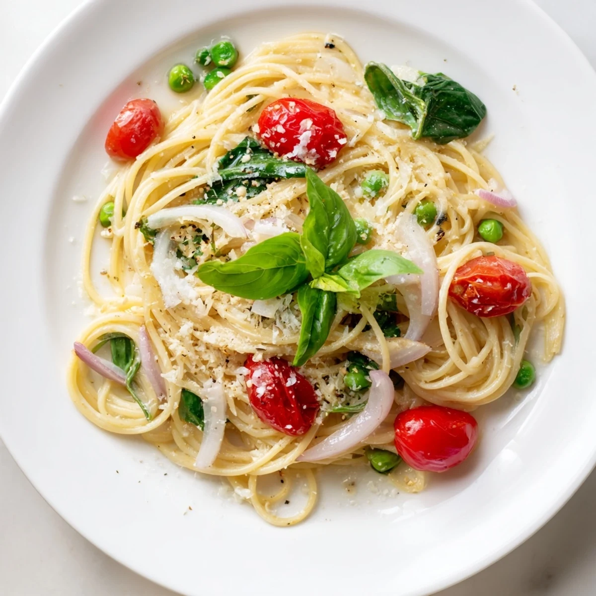 A close-up of Spring Veggie One-Pot Spaghetti with spinach and cherry tomatoes, steaming beside a glass of white wine.