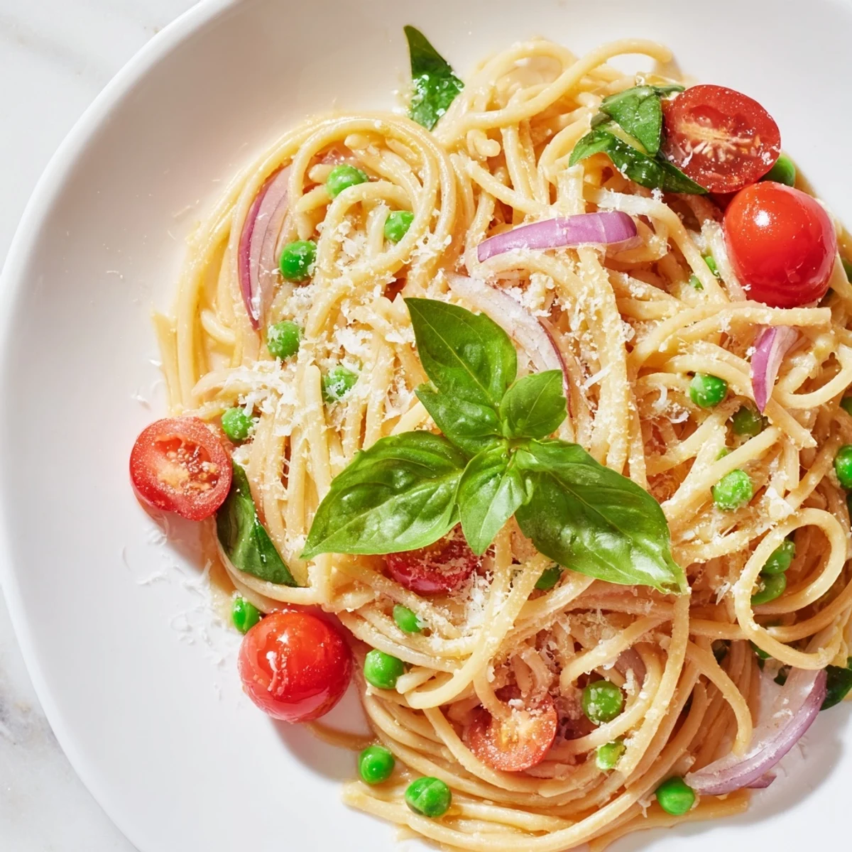Spring Veggie One-Pot Spaghetti tossed with lemon zest and red pepper flakes, served family-style in a rustic pot.