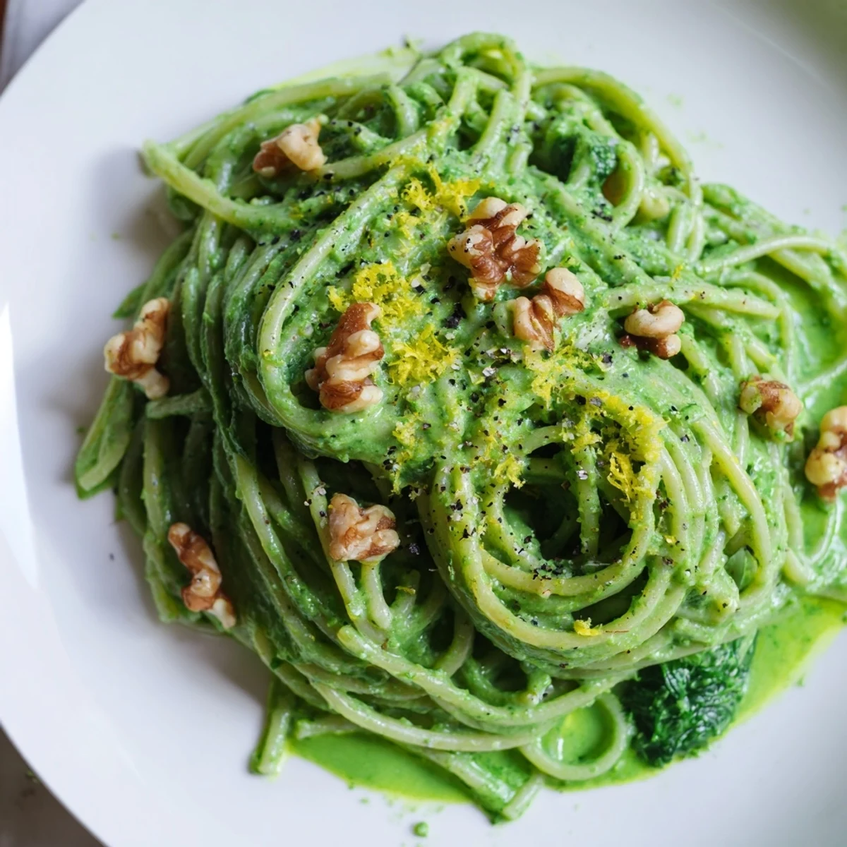 A skillet of Creamy Spinach Walnut Pasta, steaming beside a glass of white wine, ready for a weeknight dinner.