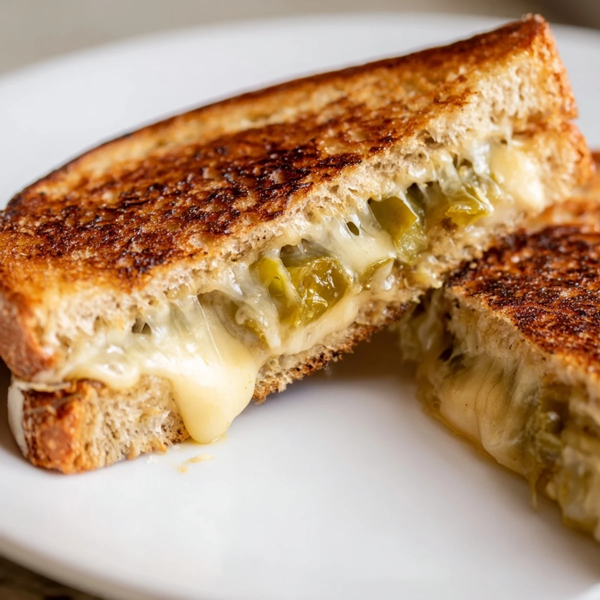 Golden-brown grilled cheese sandwich with melted pepper jack and pickled jalapeños on buttery sourdough.  