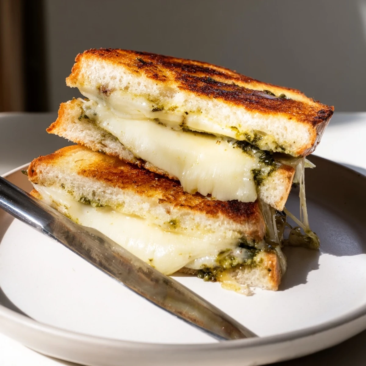 Golden-brown Sourdough Pesto Grilled Cheese slices oozing melted mozzarella and fontina on a rustic plate.