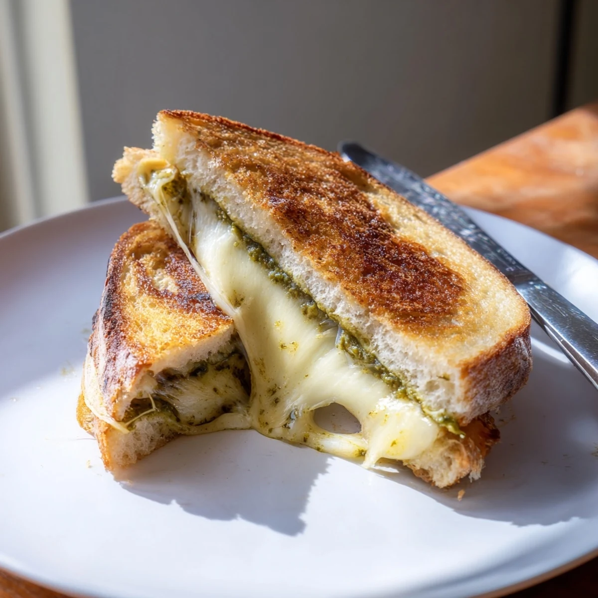 Fresh basil pesto spread inside a toasted Sourdough Pesto Grilled Cheese, ready to serve for lunch.