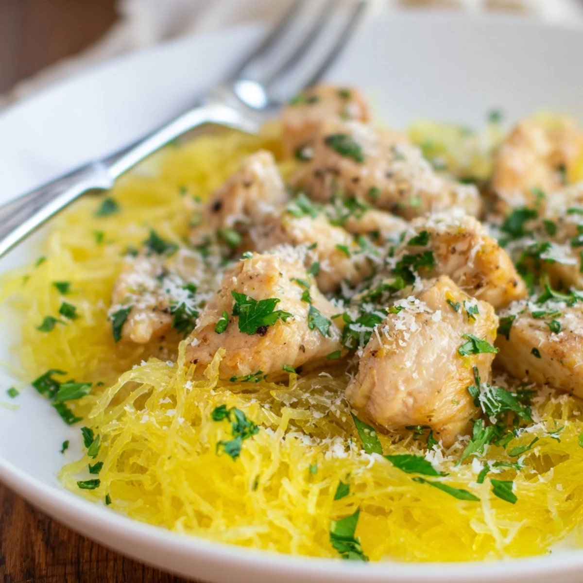 Golden roasted spaghetti squash strands topped with tender lemon-garlic chicken pieces, finished with a sprinkle of Parmesan and fresh parsley.