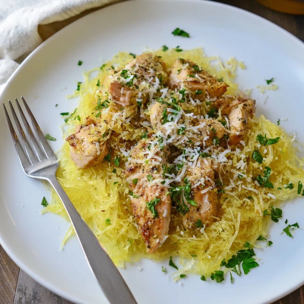 A close-up of Lemon Garlic Chicken Spaghetti Squash on a white plate, garnished with parsley and lemon wedges for a bright, fresh look.