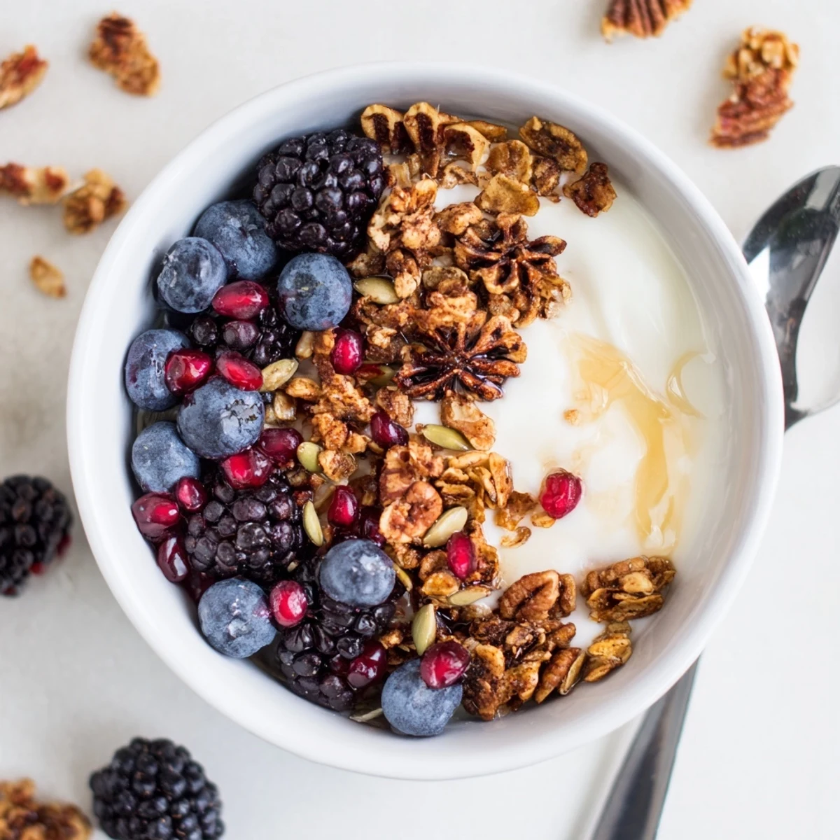 Creamy probiotic yogurt topped with jewel-toned winter berries and a fragrant, spiced crunch for a nourishing breakfast.