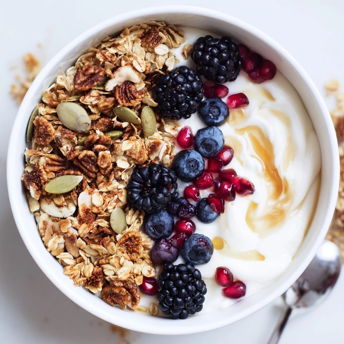 A close-up of a yogurt bowl with mixed berries and a cinnamon-ginger-nutty granola cluster, ready to enjoy.