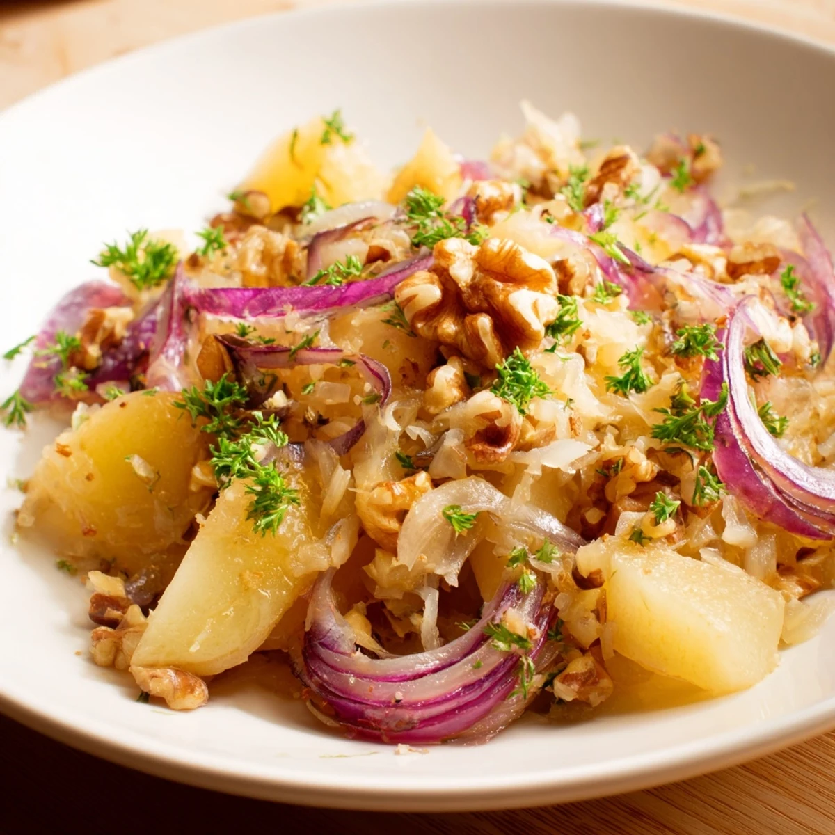 Savory Warm Apple and Sauerkraut Skillet Salad garnished with fresh parsley and served on a rustic plate.  