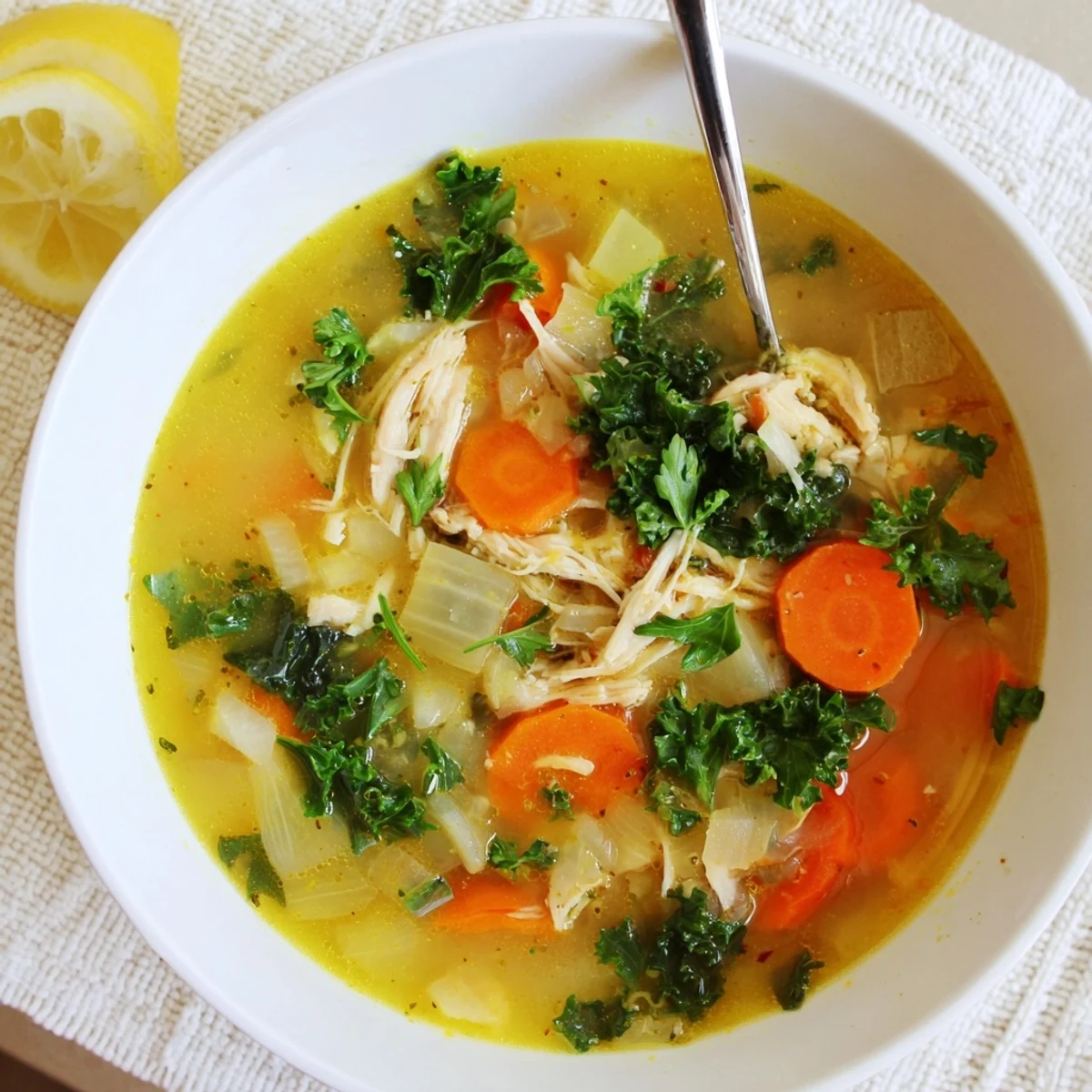 Golden turmeric and lemon zest swirl in this protein-packed chicken soup, with tender chicken and wilted baby kale floating in the rich broth.