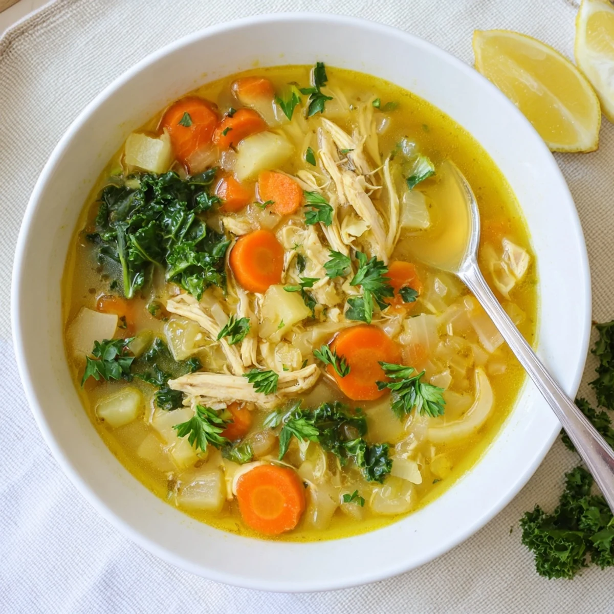 A comforting bowl of High Protein Lemon and Turmeric Chicken Soup features shredded chicken, carrots, and celery in a golden, aromatic broth.