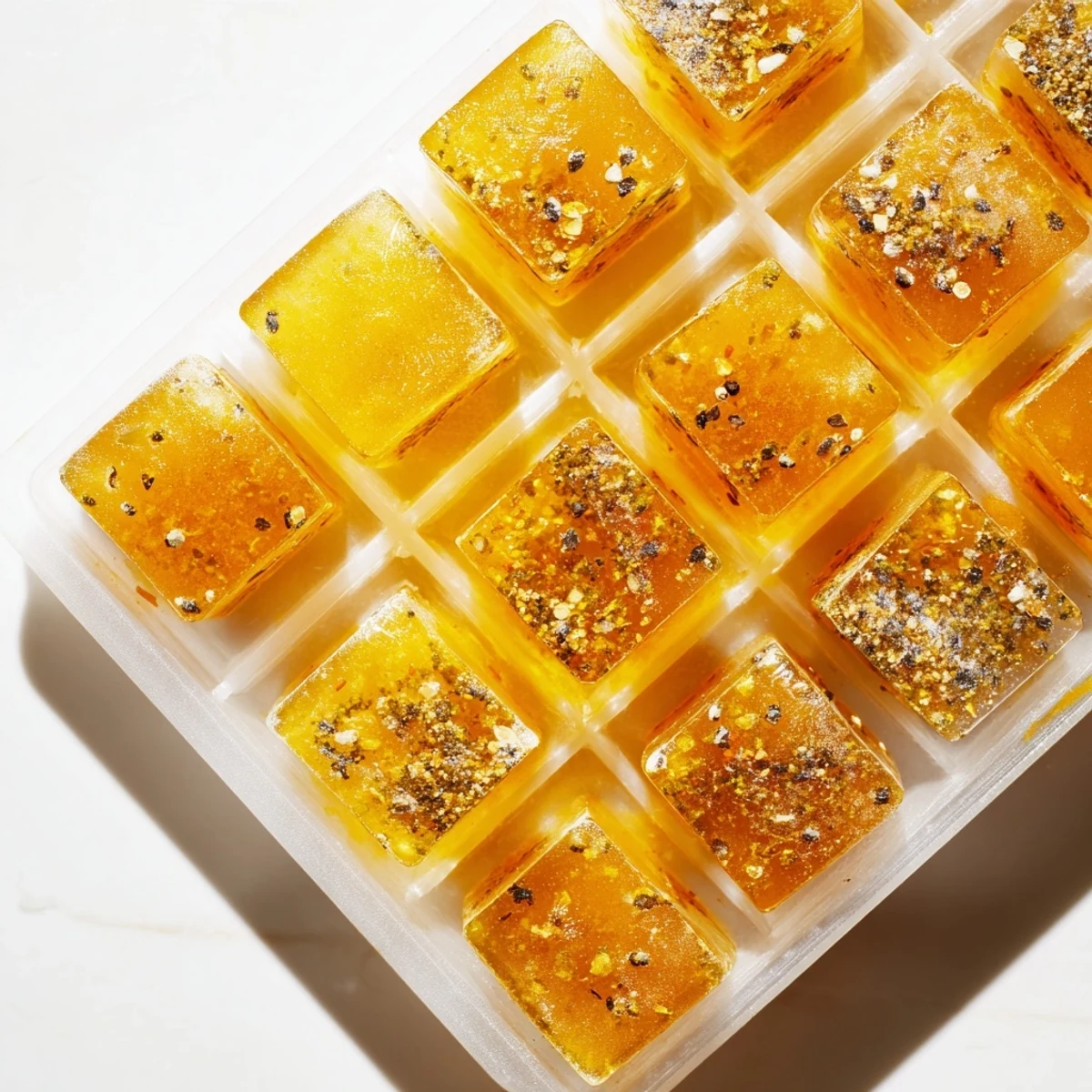 A close-up of golden Lemon Ginger Turmeric Wellness Cubes glistening in a silicone ice tray, ready to be popped into warm water or a smoothie.