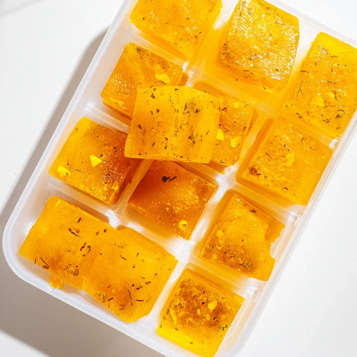 Sunlight catches the vibrant yellow and orange hues of these homemade Lemon Ginger Turmeric Wellness Cubes, stored neatly in a freezer bag for fresh daily shots.