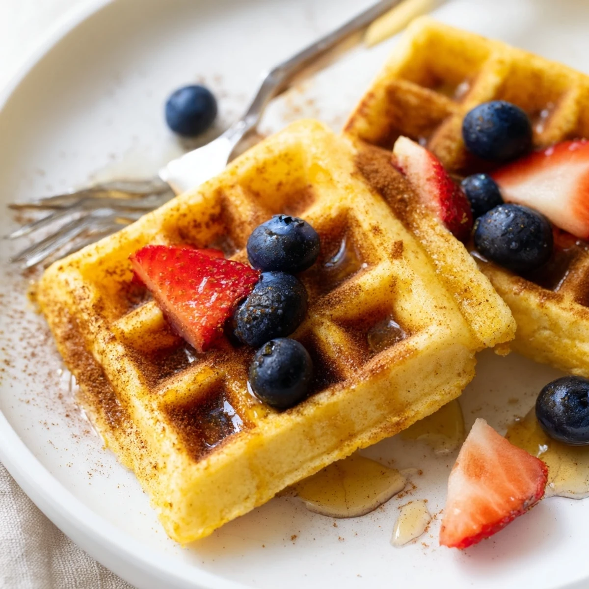 Crispy, golden Anti-Inflammatory Adaptogenic Turmeric Waffles topped with Greek yogurt, fresh berries, and a maple syrup drizzle. 
