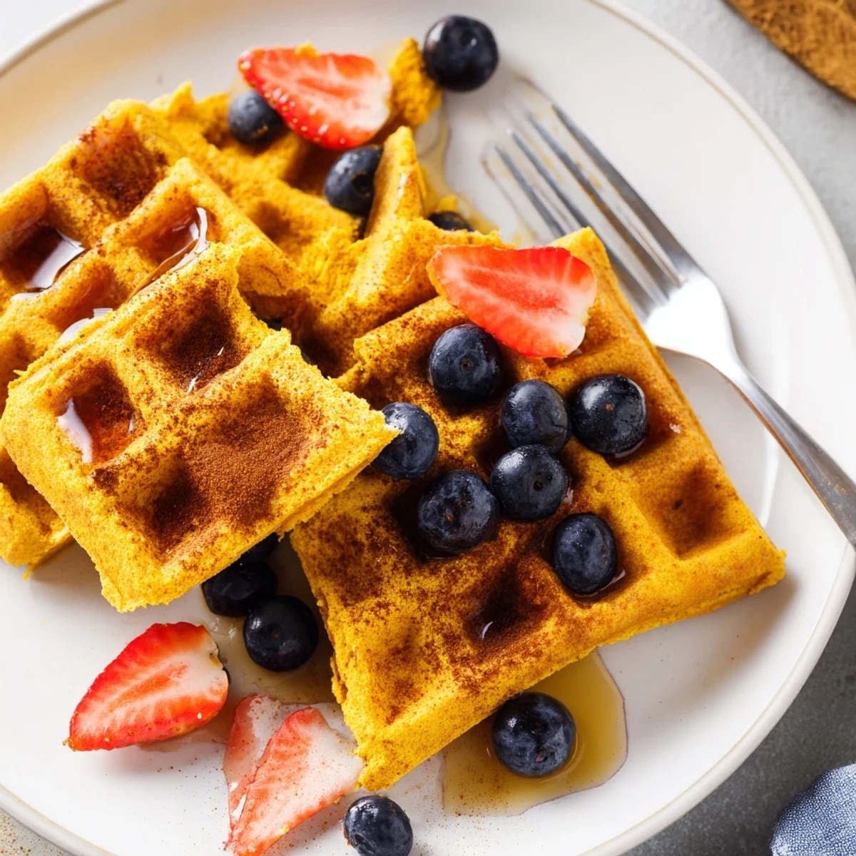 A stack of fluffy Anti-Inflammatory Adaptogenic Turmeric Waffles revealing golden crumb and warm steam rising from the plate. 