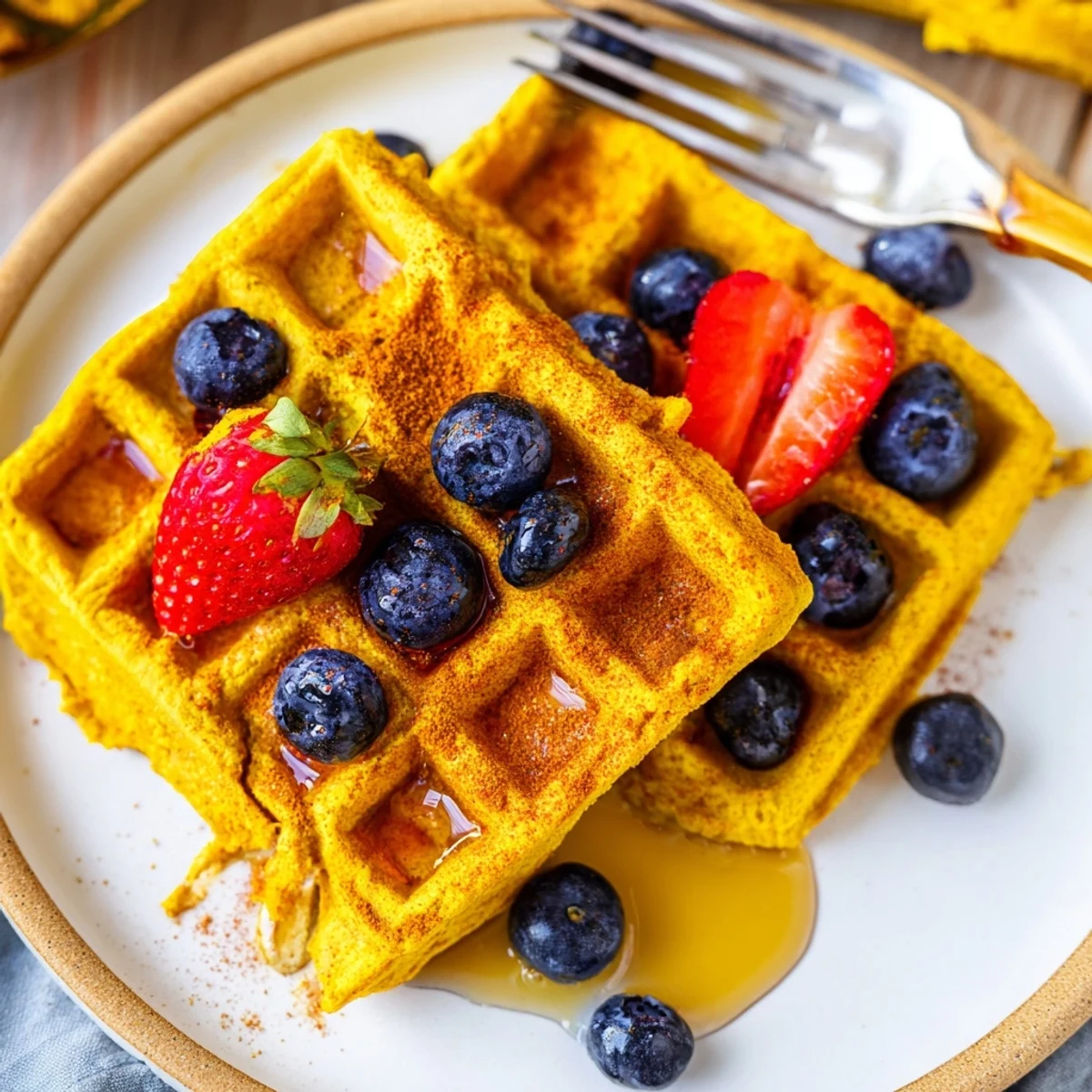 Close-up view of golden Anti-Inflammatory Adaptogenic Turmeric Waffles garnished with sliced banana and chopped nuts.
