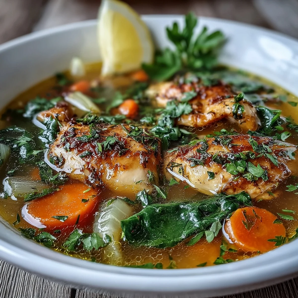 Flavorful turmeric chicken soup garnished with bright parsley, comforting and aromatic.