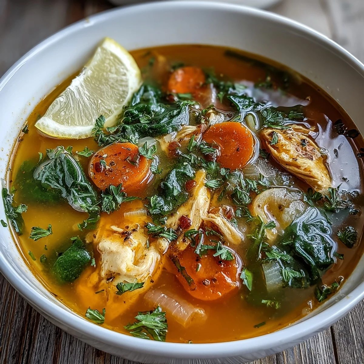 Cozy turmeric chicken soup, vibrant golden broth perfect for a healthy lunch.