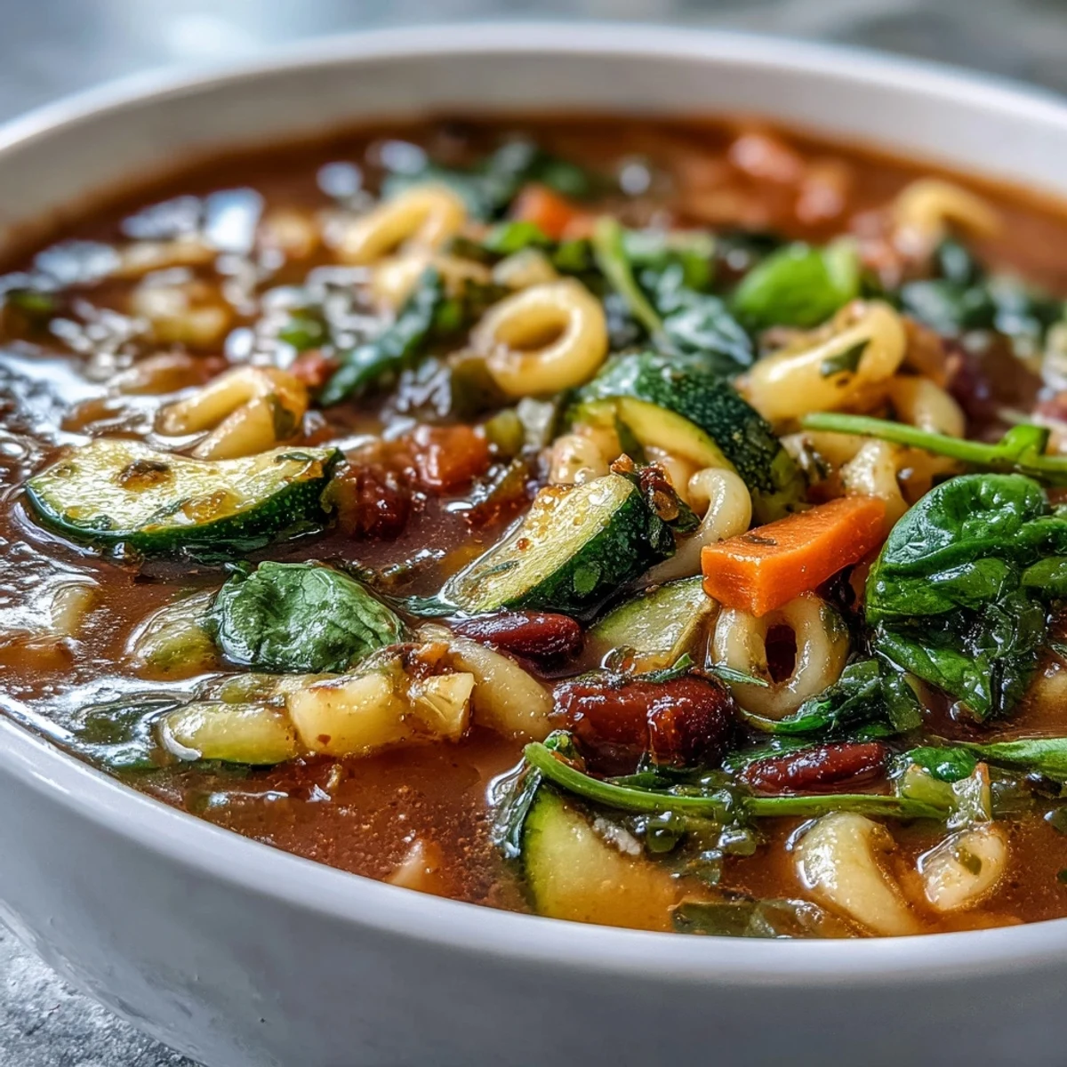 A ladle serves Minestrone Soup with beans and pasta from a large pot next to crusty bread.