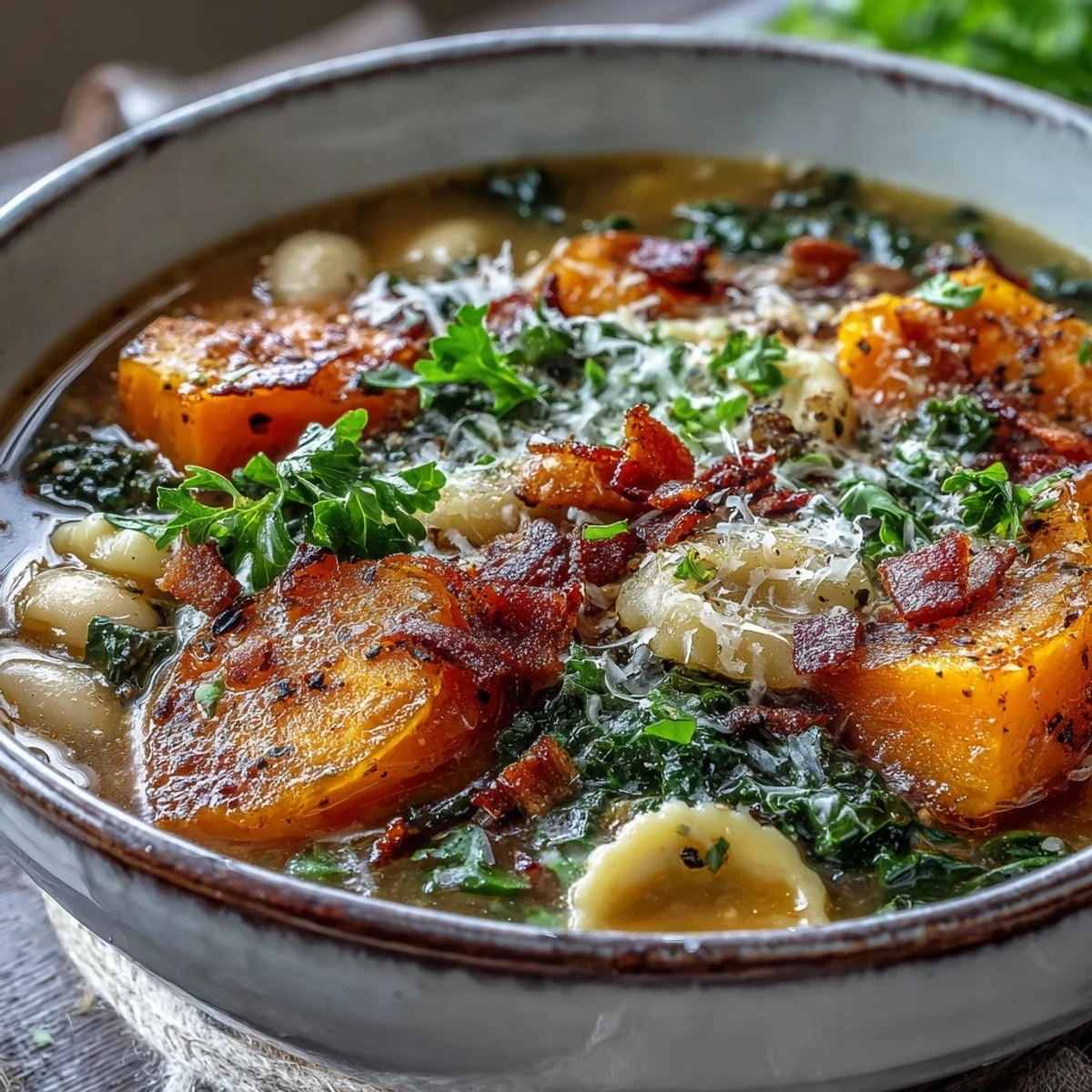 Steaming bowl of Fall Minestrone with kale, butternut squash, and ditalini pasta topped with pancetta and Parmesan.