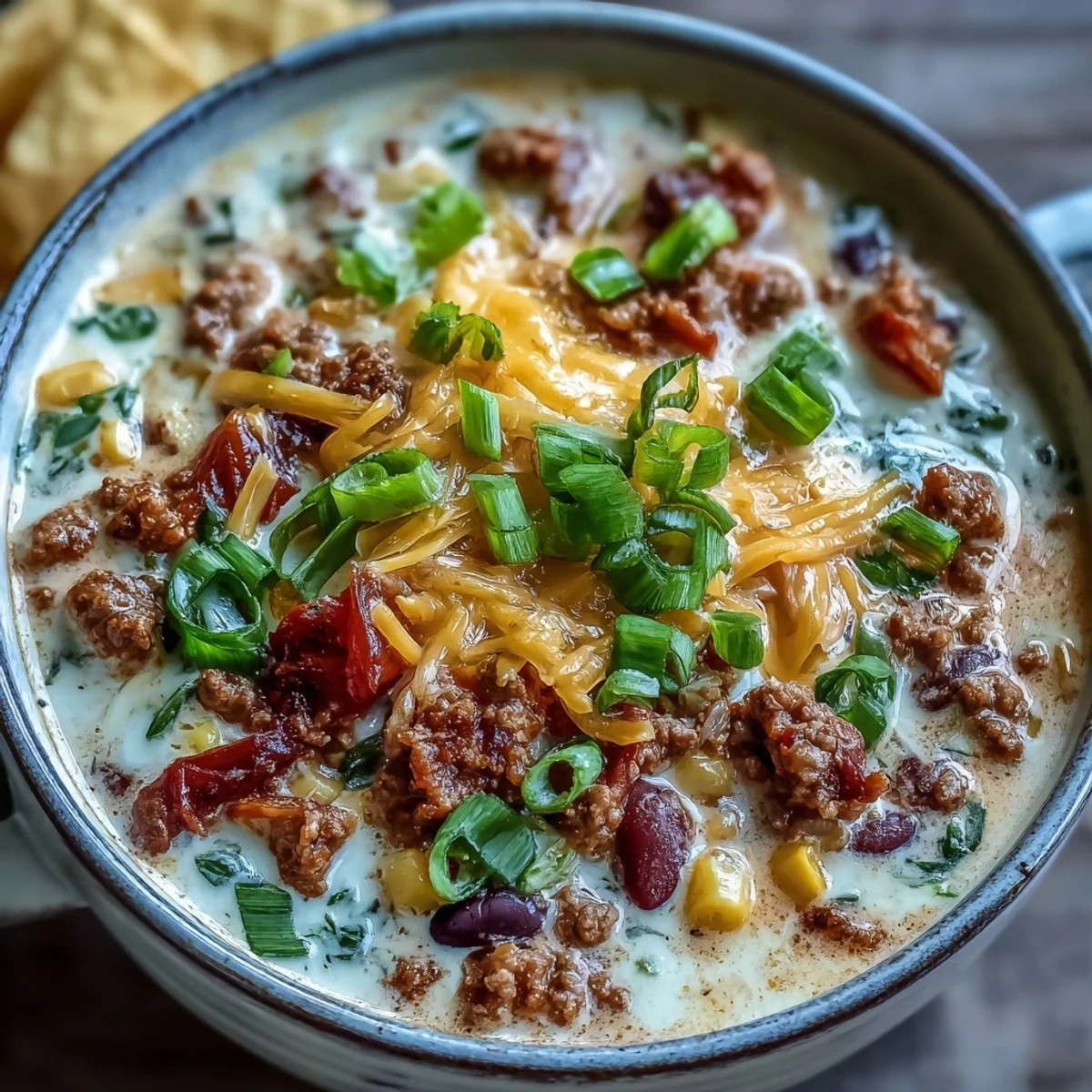 Creamy Taco Soup simmering in a pot, loaded with ground beef, beans, corn, and peppers, a cozy Tex-Mex dinner for winter nights.
