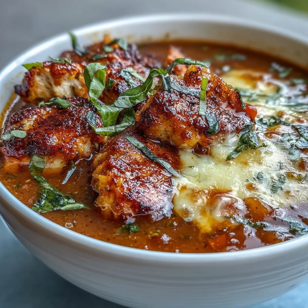 Steaming bowl of Grilled Chicken Parmesan Soup topped with melted cheeses and fresh basil.