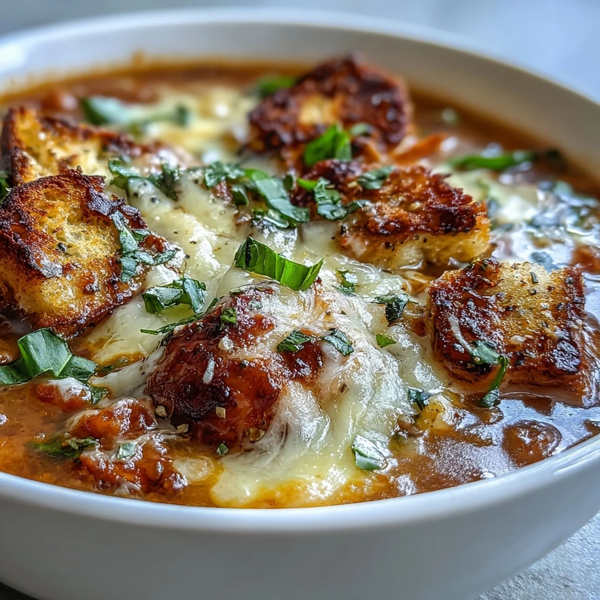 Crouton-topped Grilled Chicken Parmesan Soup served in a rustic bowl, ready to enjoy.