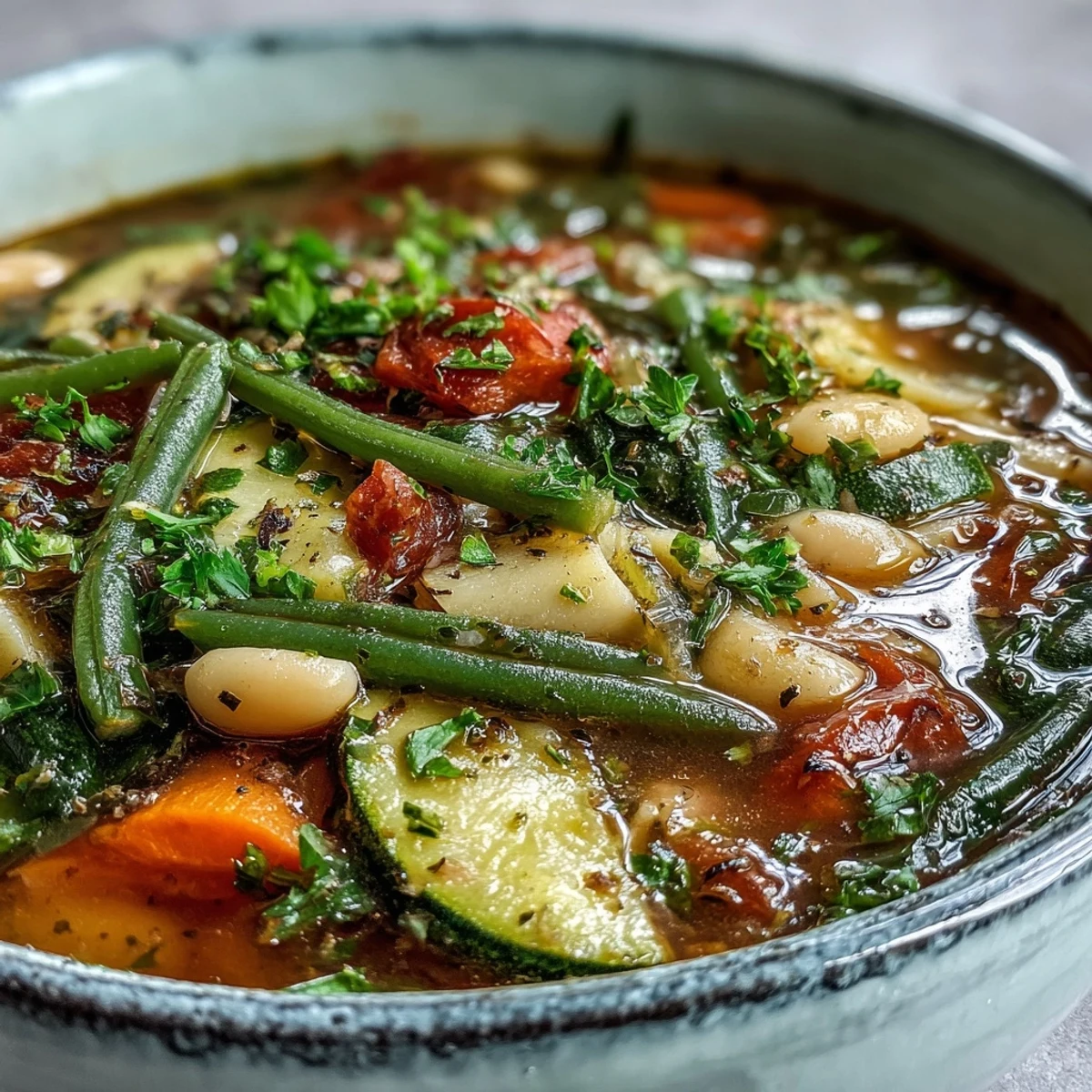 Hearty Minestrone Soup with beans and pasta, served steaming hot in a rustic bowl.