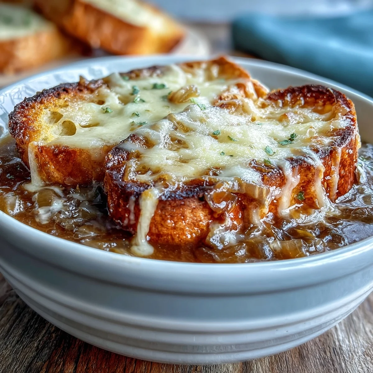 Deeply savory Dutch Oven French Onion Soup bubbling under bubbly cheese, with a rustic baguette topper.