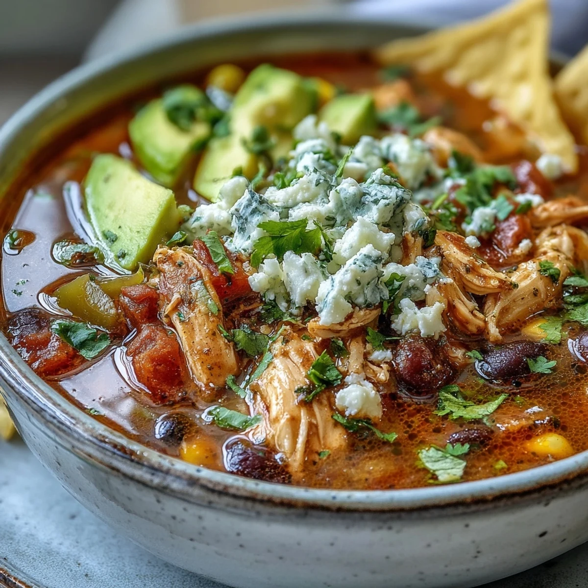Hot Southwestern Turkey Soup with shredded turkey, black beans, corn, and diced tomatoes garnished with cilantro.